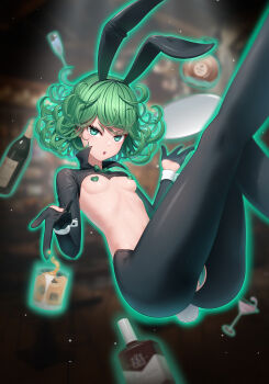 1girl :o absurdres alcohol anarchojs animal_ear_hairband animal_ears ass black_gloves black_leggings bottle breasts cameltoe cup fake_animal_ears floating gloves green_eyes green_hair hairband half_gloves heart_pasties highres leggings legs_up liquor looking_at_viewer maebari one-punch_man pasties playboy_bunny popped_collar rabbit_ear_hairband rabbit_ears short_hair shrug_(clothing) small_breasts solo tatsumaki telekinesis thighs tray v-shaped_eyebrows