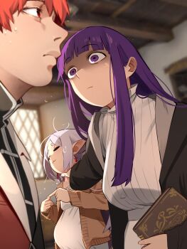 1boy 2girls :3 absurdres big_belly blurry blurry_background book breasts closed_mouth commentary dress earrings elf english_commentary fern_(sousou_no_frieren) frieren highres holding holding_book indoors jewelry khyle. large_breasts looking_at_another multiple_girls pointy_ears pregnant purple_eyes purple_hair red_eyes red_hair sousou_no_frieren stark_(sousou_no_frieren) strangling white_dress white_hair