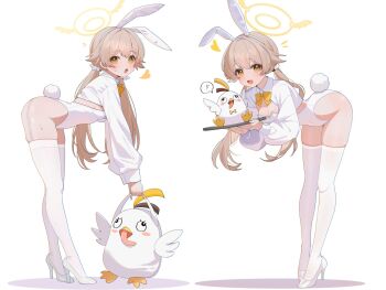 1girl animal_ears blue_archive blue_eyes bow breasts brown_hair cleavage collared_shirt commentary covered_navel fake_animal_ears fake_tail from_side full_body hair_between_eyes halo hand_on_own_hip heart hifumi_(blue_archive) high_heels highres hip_focus holding holding_tray hunched_over knees leaning leaning_forward long_hair long_sleeves looking_at_viewer low_twintails open_mouth playboy_bunny rabbit_ears rabbit_tail shadow shirt shrug_(clothing) shusuchii skindentation small_breasts solo standing stuffed_animal stuffed_toy sweatdrop symbol-only_commentary tail thighhighs tongue tongue_out tray twintails white_thighhighs wrist_cuffs yellow_bow yellow_eyes