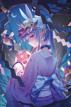 1girl absurdres alternate_costume animal_ears ball bare_tree blue_choker blue_hair blue_sash choker closed_mouth commentary_request crescent_moon extra_ears from_behind gradient_clothes gradient_kimono highres holding holding_ball hololive japanese_clothes kimono lace-trimmed_choker lace_trim long_hair looking_at_viewer looking_back mask mask_on_head moon multicolored_hair mumu_lin night obi oni_mask outdoors pekomon_(usada_pekora) ponytail purple_kimono rabbit-shaped_pupils rabbit_ears rabbit_girl red_eyes ribbon_choker sash smile solo streaked_hair symbol-shaped_pupils temari_ball tree two-tone_hair usada_pekora virtual_youtuber white_kimono white_streaks wide_sleeves yukata