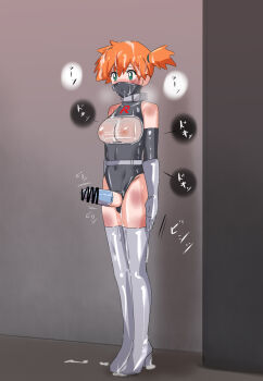 Rule 34 | 1futa, alternate costume, arms at sides, bar censor, bare shoulders, black leotard, blush, boots, breasts, breath, bruise, censored, condom, condom on penis, covered mouth, cum, cum on body, cum on breasts, cum on hair, cum on legs, cum on upper body, elbow gloves, erection, facial, full body, futanari, gloves, green eyes, grey gloves, hair between eyes, high heel boots, high heels, indoors, injury, large breasts, leotard, mask, misty (pokemon), mouth mask, nintendo, nipples, orange hair, penis, pokemon, pokemon rgby, raitaroo, see-through clothes, sex slave, short hair, side ponytail, slave, solo, sound effects, standing, sweat, thigh boots, trembling