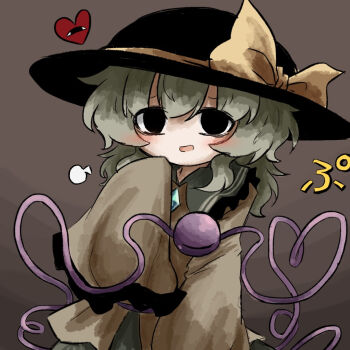 1girl black_eyes black_hat blush bow brown_background buttons diamond_button frilled_shirt_collar frilled_sleeves frills green_skirt hat hat_bow heart heart_of_string heripantomorrow komeiji_koishi puff_of_air raised_inner_eyebrows simple_background skirt sleeves_past_fingers sleeves_past_wrists solo third_eye touhou upper_body yellow_bow