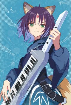 1girl ahoge animal_ears blue_jacket chinese_commentary cho_kaguya-hime! closed_mouth commentary_request cowboy_shot facial_mark forehead_jewel forehead_mark fox_ears fox_girl fox_tail green_eyes highres holding holding_instrument instrument jacket long_sleeves looking_at_viewer multicolored_hair puffy_sleeves purple_hair sakayori_iroha short_hair smile solo tail traum v-shaped_eyebrows