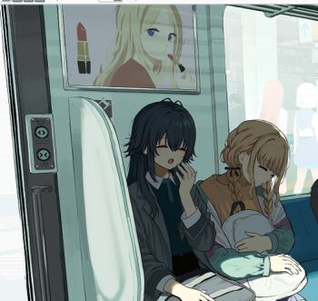 Rule 34 | 4girls, antenna hair, art program in frame, backpack, bag, bag on lap, black bag, black hair, black ribbon, black shirt, blonde hair, braid, closed eyes, coat, collared shirt, contrast collar, cosmetics, fujita kotone, gakuen idolmaster, green jacket, grey coat, hair ribbon, ibuki (ibuki0118), idolmaster, jacket, juo sena, katsuragi lilja, lipstick tube, low twin braids, multiple girls, open clothes, open coat, open jacket, open mouth, purple jacket, ribbon, school bag, shirt, shiun sumika, sitting, sleeping, train interior, tsukimura temari, twin braids, white bag, yawning, yellow shirt