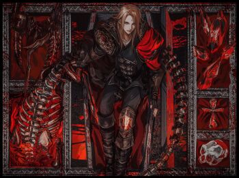 1boy belt black_boots black_border black_gloves black_jacket black_pants blonde_hair blood blue_eyes bone boots border cape crystal feet_out_of_frame final_fantasy final_fantasy_xiv fingerless_gloves garlean gloves highres jacket jewelry jingjue_de_yumiao knee_boots looking_at_viewer male_focus medium_hair ornate_border pants pendant reaper_(final_fantasy) red_cape ribs skull solo third_eye zenos_yae_galvus