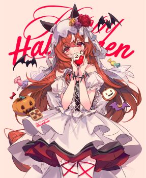 1girl alternate_costume apple bare_shoulders blush brown_hair brown_tail candy closed_mouth commentary_request dress ear_covers food fruit halloween_bucket happy_halloween holding holding_food holding_fruit horse_girl long_hair looking_at_viewer red_eyes smile solo still_in_love_(umamusume) thighhighs umamusume veil welchino white_background white_dress white_streaks white_thighhighs white_veil wrapped_candy