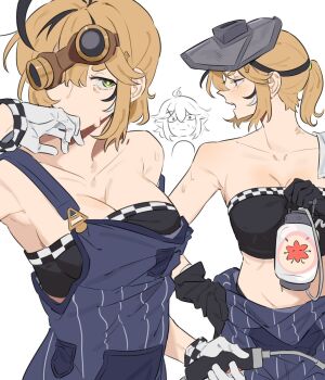 1girl addendium ahoge black_gloves black_streaks black_tube_top blonde_hair blue_overalls breasts commentary dooby dooby_(1st_costume) english_commentary gloves green_eyes hair_over_one_eye highres indie_virtual_youtuber looking_at_viewer looking_to_the_side medium_breasts medium_hair multicolored_hair open_mouth overalls solo strapless streaked_hair tube_top virtual_youtuber white_gloves