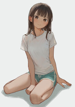 1girl akipeko aqua_shorts bare_arms bare_legs black_hair blush dolphin_shorts head_tilt highres kneeling looking_at_viewer original see-through_silhouette shirt short_shorts short_sleeves shorts simple_background smile solo white_background white_shirt