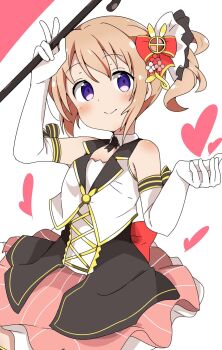 1girl bare_shoulders blush brown_hair cane cowboy_shot dress elbow_gloves gloves gochuumon_wa_usagi_desu_ka? highres holding holding_cane hot_chocolate hoto_cocoa official_alternate_costume purple_eyes riyo_(aokiwazumi) side_ponytail smile solo v white_background wizard