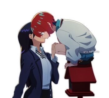2girls amate_yuzuriha black_jacket blue_skirt blush collared_shirt commentary_request gundam gundam_gquuuuuux hand_on_another&#039;s_knee jacket kiss long_hair multiple_girls nyaan_(gundam_gquuuuuux) pleated_skirt purple_hair red_hair school_uniform shirt short_hair skirt solo squatting sweater to_ro_maru white_background white_shirt white_sweater yuri