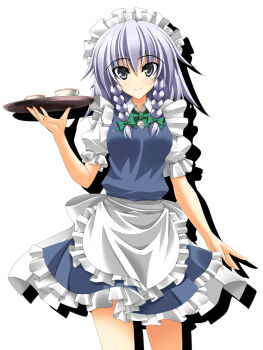 1girl apron arm_up at_work blue_dress blush braid cup dress female_focus grey_eyes grey_hair hair_ribbon izayoi_sakuya maid maid_apron maid_headdress rappa_(rappaya) ribbon smile solo teacup touhou tray twin_braids