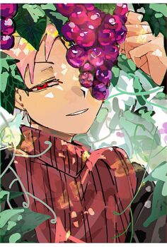 Rule 34 | 1boy, arm up, atou haruki, black jacket, blonde hair, brown sweater, chromatic aberration, cocoa coffee1, commentary request, food, fruit, grape vine, grapes, highres, jacket, long sleeves, male focus, multicolored hair, off shoulder, one eye covered, open clothes, open jacket, pink hair, red eyes, ribbed sweater, saibou shinkyoku, short hair, solo, spoilers, sweater, turtleneck, turtleneck sweater, two-tone hair, upper body