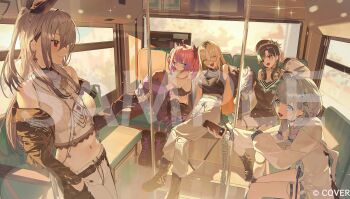 5girls :d ahoge aqua_hair beret black_boots black_bow black_choker black_hair black_hat black_jacket black_shirt black_shoes black_shorts black_socks black_tank_top black_thighhighs blonde_hair blue_eyes blue_hair blue_shirt blue_shorts boots bow braid bus_interior choker colored_inner_hair commentary_request copyright_name crop_top cropped_shirt curtained_hair double-parted_bangs ear_chain earrings flow_glow_(hololive) grey_hair grey_pants hair_bow hair_flaps hat headphones headphones_around_neck highres hololive hololive_dev_is hood hooded_jacket isaki_riona jacket jewelry kikirara_vivi knees_up koganei_niko lace-up_boots lightning_ahoge linked_piercing long_hair long_shirt long_sleeves looking_at_another loose_socks low_twin_braids medium_hair mizumiya_su multicolored_hair multiple_girls navel_piercing o-ring o-ring_thigh_strap off-shoulder_shirt off_shoulder official_art one_side_up open_mouth orange-tinted_eyewear panda_0035 pants piercing pink_hair purple_arm_warmers purple_hair raglan_sleeves rindo_chihaya round_eyewear shirt shoes short_shorts shorts side_braid sidelocks sitting smile socks standing streaked_hair sukajan sunglasses sweatpants tank_top thigh_strap thighhighs tinted_eyewear twin_braids twintails unworn_boots virtual_youtuber white_hair white_jacket white_pants white_shirt white_tank_top