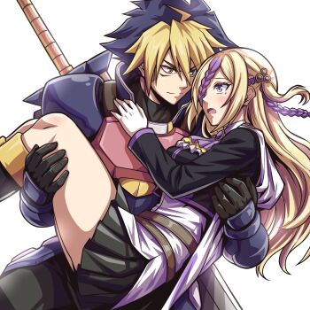 Rule 34 | 1boy, 1girl, absurdres, aegislash, alternate color, armor, ascot, blonde hair, blue hair, blush, braid, brooch, carrying, commentary request, garchomp, gen 4 pokemon, gen 6 pokemon, gradient eyes, hair over one eye, highres, jewelry, multicolored eyes, multicolored hair, nintendo, one side up, personification, pokemon, princess carry, purple eyes, purple hair, skirt, smile, streaked hair, sword, weapon, yellow eyes, yokomiya4538