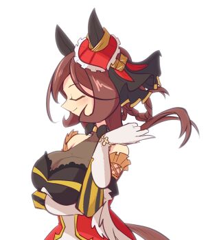 1girl animal_ears arm_under_breasts bare_shoulders black_bow black_bowtie bow bowtie braid braided_hair_rings breasts brown_hair cleavage closed_eyes closed_mouth corset detached_sleeves dress ear_covers ear_ornament emeruga gentildonna_(regina_dei_fiori)_(umamusume) gentildonna_(umamusume) gloves hair_between_eyes hair_ornament hair_rings heart-shaped_ornament heart_ear_ornament highres horse_ears horse_girl large_breasts long_hair red_corset red_eyes see-through_cleavage see-through_clothes simple_background smile solo umamusume upper_body white_background white_gloves