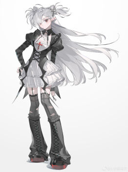 Rule 34 | 1girl, absurdres, black dress, black leggings, contrapposto, criss-cross straps, cross, dress, frilled dress, frills, full body, garter straps, gothic punk, gradient background, highres, leggings, long hair, looking at viewer, loose socks, original, puffy sleeves, red eyes, socks, solo, standing, torn clothes, torn leggings, two side up, watermark, weibo username, weibo watermark, white dress, zhangyu guagua