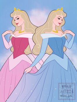 1girl absurdres aurora_(disney) blonde_hair blue_dress blue_eyes dress dual_persona highres jewelry long_hair long_sleeves looking_at_viewer makeup moko_eaka multiple_girls red_lips simple_background sleeping_beauty_(disney) smile tiara