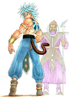 Rule 34 | 2boys, armor, bare shoulders, black hair, boots, bracelet, broly (dragon ball z), cosplay, dragon ball, dragonball z, dragonball z battle of gods, father and son, god of destruction beerus, god of destruction beerus (cosplay), highres, jewelry, manly, multiple boys, muscular, paragus (dragon ball z), super saiyan, tail, whis, yokisaga