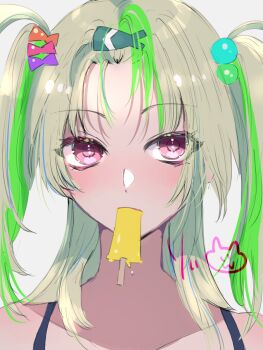 Rule 34 | 1girl, alternate hairstyle, bare shoulders, blush, bow, closed mouth, collarbone, colored eyelashes, commentary, eyelashes, eyes visible through hair, fish hair ornament, food, food in mouth, forehead, green hair, green streaks, hair between eyes, hair bobbles, hair bow, hair ornament, hair slicked back, heaven burns red, highres, long hair, looking at viewer, melting popsicle, multicolored hair, ooshima isuzu, orange bow, pink bow, popsicle, popsicle in mouth, portrait, purple bow, red eyes, rin 0101010, signature, simple background, solo, straight hair, streaked hair, two side up, upper body, white background