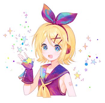 1girl :d blonde_hair blue_eyes blush bow fingerless_gloves fymrie gloves hair_bow headphones holding holding_star kagamine_rin kagamine_rin_(sour_model) neckerchief open_mouth sailor_collar shirt short_hair sleeveless sleeveless_shirt smile solo sour_model_(mikumikudance) sparkle star_(symbol) vocaloid