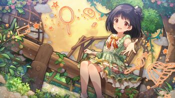 1girl black_hair blush brown_eyes commentary_request dress frilled_dress frills game_cg green_dress idolmaster idolmaster_million_live! idolmaster_million_live!_theater_days nakatani_iku official_alternate_costume official_art one_side_up outdoors outstretched_arm outstretched_hand short_hair sitting smile solo third-party_source