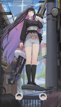 absurdres bandage_on_leg bandage_on_thigh bandaged_leg bandages black_hair black_sailor_collar black_serafuku chitose_(stella_sora) clothes_lift colored_inner_hair cropped_jacket dolri expressionless highres long_hair mole mole_under_eye multicolored_hair nail_polish pleated_skirt purple_ribbon ribbon sailor_collar school_uniform serafuku shirt shorts skirt skirt_lift solo_focus standing stella_sora sword sword_on_back weapon weapon_on_back white_shirt white_shorts wind wind_lift