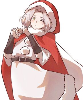 Rule 34 | 1girl, alternate costume, belt, belt buckle, black belt, blush, brown hair, buckle, cape, christmas, closed mouth, dress, elden ring, facial tattoo, fur-trimmed dress, fur trim, hat, highres, holding, holding sack, looking at viewer, melina (elden ring), one eye closed, red cape, red hat, sack, santa hat, short hair, simple background, solo, tattoo, tori (torisan pokemon), white background, white dress, yellow eyes