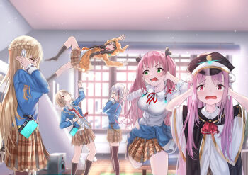 Rule 34 | 6+girls, absurdres, aikawa megumi, asakura karen (heaven burns red), black hair, braid, brown hair, commentary request, covering own ears, green eyes, grey hair, heaven burns red, highres, izumi yuki (heaven burns red), jacket, kayamori ruka, kunimi tama, long hair, multiple girls, necktie, pink hair, red eyes, sailor, school uniform, speaker, toujou tsukasa, unsaki kei, unworn jacket, window