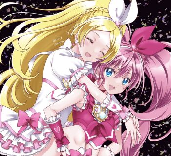 2girls ^_^ arms_around_neck bare_shoulders black_background blonde_hair blue_eyes bow bow_choker bow_hairband bowtie braid brooch carrying choker closed_eyes confetti cowboy_shot crop_top crown_braid cure_melody cure_rhythm dated dot_nose dress earrings eyelashes frilled_arm_warmers frilled_dress frilled_shirt frills hair_between_eyes hair_ornament hairband happy heads_together heart heart_brooch heart_earrings heart_hair_ornament heart_print highres houjou_hibiki jewelry light_blush long_hair magical_girl midriff minamino_kanade multiple_girls okayashi open_mouth petticoat piggyback pink_arm_warmers pink_bow pink_bowtie pink_choker pink_hair pink_shorts precure puffy_short_sleeves puffy_sleeves red_dress shirt short_dress short_sleeves shorts signature sleeveless sleeveless_shirt smile suite_precure teeth twintails twintails_with_braided_base upper_teeth_only very_long_hair white_arm_warmers white_bow white_bowtie white_choker white_hairband wrist_bow