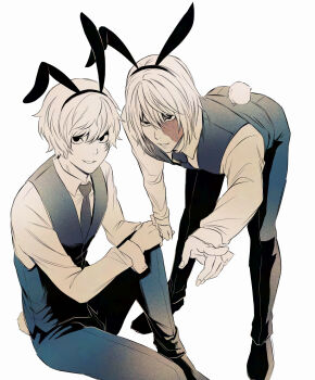 Rule 34 | 2boys, animal ear hairband, animal ears, bent over, black hairband, black necktie, black pants, black shoes, black vest, collared shirt, commentary request, death note, facial scar, fake animal ears, hair between eyes, hairband, highres, light smile, male focus, mello (death note), multiple boys, near (death note), necktie, no eyebrows, pants, parted lips, pointing, pointing at viewer, rabbit ears, rabbit tail, scar, scar across eye, scar on cheek, scar on face, shirt, shoes, short hair, sitting, space youkai, tail, vest, waistcoat, white background, white shirt