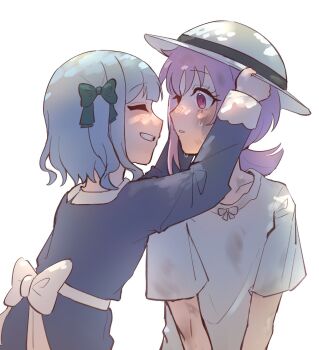 2girls ^_^ aged_down alternate_hairstyle arms_up back_bow bang_dream! bang_dream!_it&#039;s_mygo!!!!! blue_dress borrowed_accessory bow bowler_hat child closed_eyes commentary dappled_sunlight dirty dirty_clothes dirty_face dress eyelashes face-to-face flipped_hair friends green_bow grin hair_bow hat highres hui_0w0 long_sleeves low_ponytail multiple_girls parted_lips ponytail profile purple_hair putting_on_headwear red_hair shirt short_hair short_ponytail short_sleeves simple_background smile sunlight surprised sweatdrop symbol-only_commentary t-shirt togawa_sakiko turning_head upper_body white_background white_bow white_hat white_shirt wide-eyed yuutenji_nyamu