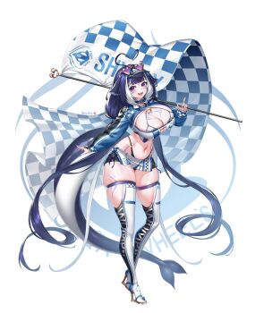 1girl absurdres ahoge alternate_costume animal_ears belt_collar blue_collar blue_hair blue_shrug blue_skirt blue_visor body_markings boots breasts center-flap_bangs cetacean_tail character_name checkered_flag cleavage collar collared_shrug commentary curvy english_commentary eyewear_on_head facial_mark fins fish_tail flag full_body heart heart-shaped_eyewear heart_ahoge heart_collar high_heel_boots high_heels highres holding holding_flag index_finger_raised indie_virtual_youtuber large_breasts long_hair long_sleeves looking_at_viewer microskirt multicolored_hair navel open_mouth orca_girl panty_straps pellpt purple-tinted_eyewear purple_eyes shrug_(clothing) shylily simple_background skindentation skirt smile solo stomach strapless streaked_hair sunglasses tail thick_thighs thigh_boots thighs tinted_eyewear tube_top very_long_hair virtual_youtuber visor_cap white_background white_boots white_streaks white_tube_top