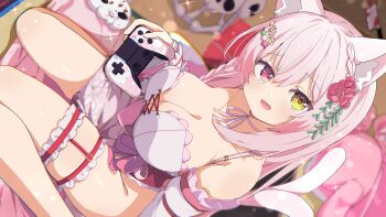 1girl :d absurdres animal_ear_fluff animal_ears bare_shoulders blurry blurry_background blush bow bow_choker braid breasts cat_ears cat_girl cat_tail choker cleavage collarbone commission controller cross-laced_clothes depth_of_field detached_sleeves dutch_angle floral_print flower frilled_thigh_strap frills game_controller hair_between_eyes hair_flower hair_ornament hairclip heart heart_hair_ornament heterochromia highres holding holding_controller holding_game_controller large_breasts long_hair looking_at_viewer multiple_tails neck_ribbon no_panties open_mouth original pink_eyes pink_hair pink_tail red_eyes red_flower red_rose ribbon ribbon_choker rose shiro9jira side_braid sitting skeb_commission smile solo sparkle tail thigh_strap thighs two_tails wariza white_choker white_ribbon yellow_eyes