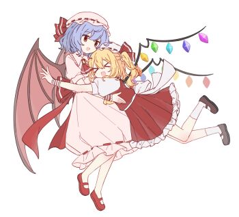 Rule 34 | > <, 2girls, ascot, back bow, bat wings, blonde hair, blue hair, bow, brown shoes, chinese commentary, commentary request, crystal, crystal wings, fby1313133, flandre scarlet, frilled skirt, frills, hat, hat ribbon, highres, hug, mary janes, mob cap, multicolored wings, multiple girls, one side up, open mouth, pink hat, puffy short sleeves, puffy sleeves, red ascot, red eyes, red shoes, red skirt, red vest, remilia scarlet, ribbon, ribbon-trimmed skirt, ribbon trim, shoes, short sleeves, siblings, simple background, sisters, skirt, skirt set, smile, touhou, vest, white background, white bow, white hat, wings, wrist cuffs, yellow ascot