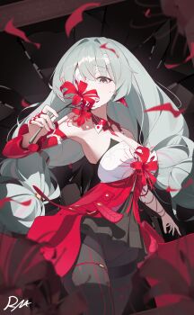 1girl bandage_over_one_eye bare_shoulders black_pantyhose black_skirt breasts commentary cowboy_shot crying crying_with_eyes_open detached_sleeves dress earrings flower grey_eyes grey_hair halter_dress halterneck highres holding holding_flower jewelry large_breasts looking_at_viewer pantyhose phrolova_(wuthering_waves) red_dress ryua_(user_kedz2257) signature single_detached_sleeve skirt solo spider_lily tears wuthering_waves