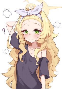 1girl ? absurdres alternate_costume black_shirt blonde_hair blue_archive blush breasts green_eyes halo hashtag-only_commentary highres hrnt long_hair professor_niyaniya_(blue_archive) shirt simple_background small_breasts solo white_background