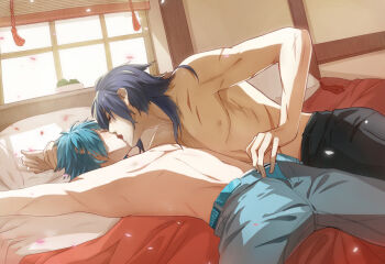 2boys arm_up bed belt black_belt black_hair black_pants blue_belt blue_hair blue_male_underwear blue_pants closed_eyes commentary_request denim dramatical_murder falling_petals feet_out_of_frame hair_between_eyes hand_on_another's_wrist indoors jeans kiss koujaku looking_at_another lying male_focus male_underwear multiple_boys multiple_scars muntins navel nipples nora1109 on_back on_bed on_side open_pants pants pectorals petals pillow scar scar_on_arm seragaki_aoba tongue topless_male underwear window window_blinds yaoi
