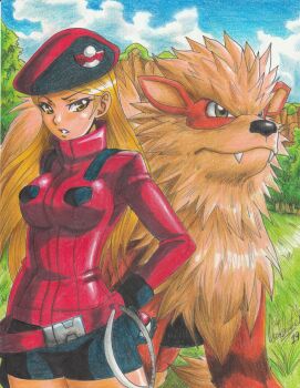 Rule 34 | 1girl, 2019, absurdres, arcanine, artist name, belt, beret, bike shorts, black gloves, blonde hair, breasts, brown fur, day, fangs, gen 1 pokemon, gloves, grey eyes, hat, highres, holding, holding poke ball, large breasts, long hair, long sleeves, nintendo, npc trainer, orange fur, outdoors, poke ball, poke ball print, pokemon, pokemon (creature), pokemon ranger (pokemon), pokemon xy, ravernclouk design, red headwear, red sweater, sky, snout, sweater, thighs, traditional media, tree, turtleneck, turtleneck sweater, yellow eyes