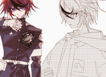 Rule 34 | 1boy, armband, belt, belt pouch, black hair, black jacket, blue eyes, buttons, closed mouth, gloves, hair between eyes, hand up, hole in chest, hole on body, hood, hood down, jacket, jacket over hoodie, long sleeves, male focus, multicolored hair, multiple views, nyab oo, open clothes, open jacket, pouch, red hair, sanpaku, screentones, short hair, simple background, sketch, streaked hair, sumino takumi, the hundred line -last defense academy-, tsurime, two-tone hair, white armband, white background, white belt, white gloves