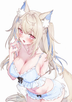 1girl absurdres animal_ear_fluff animal_ears arm_behind_back bare_arms blonde_hair blue_camisole blue_hair blue_shorts breasts camisole cleavage crop_top crossed_bangs dog_ears dog_girl dog_tail double-parted_bangs frilled_camisole frills fuwawa_abyssgard hair_between_eyes hand_up highres holding holding_pillow hololive hololive_english kamiya_maneki large_breasts leaning_forward long_hair looking_at_viewer midriff multicolored_hair navel open_mouth pillow pink_eyes short_shorts shorts simple_background solo streaked_hair tail twirling_hair two_side_up virtual_youtuber white_background