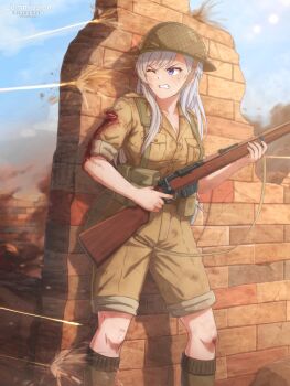1girl absurdres africa alternate_costume ammunition_pouch artist_name azur_lane battle behind_cover belfast_(azur_lane) bleeding blood blood_on_arm blood_on_clothes blue_eyes blue_sky bolt_action braid breasts brick_wall british_army brodie_helmet brown_shirt brown_shorts bullet_wound canteen cleavage clenched_teeth collarbone combat_helmet commentary commission commissioner_name day debris dirty dirty_clothes dirty_face english_commentary feet_out_of_frame fingernails gun gun_sling half_up_braid helmet highres holding holding_gun holding_weapon injury kepincox large_breasts lee-enfield load_bearing_equipment long_hair military military_combat_uniform military_uniform one_eye_closed outdoors pouch projectile_trail puttee rifle shirt shorts sky sleeves_rolled_up smoke solo standing teeth torn_clothes war weapon white_hair world_war_ii