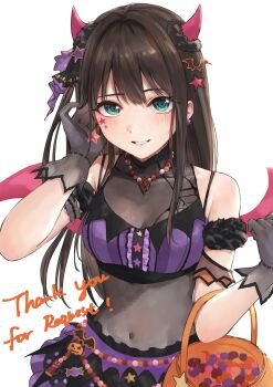 Rule 34 | 1girl, absurdres, aburi-gatana, bandeau, bat hair ornament, black bodystocking, black gloves, blue eyes, blush, breasts, brown hair, candy, commentary request, cosplay, covered navel, demon horns, demon wings, food, gloves, hair ornament, halloween bucket, halloween costume, highres, holding, horns, idolmaster, idolmaster cinderella girls, idolmaster shiny colors, long hair, looking at viewer, parted lips, purple bandeau, see-through bodystocking, see-through clothes, shibuya rin, simple background, skirt, smile, solo, sonoda chiyoko, sonoda chiyoko (cosplay), star (symbol), star hair ornament, white background, wings