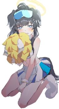 1girl absurdres animal_ears black_hair blue_archive blue_eyes blush cheerleader commentary_request dog_ears dog_girl dog_tail goggles goggles_on_head hal-bard halo hibiki_(blue_archive) hibiki_(cheer_squad)_(blue_archive) highres holding holding_pom_poms long_hair looking_at_viewer millennium_cheerleader_outfit_(blue_archive) navel official_alternate_costume open_mouth pom_pom_(cheerleading) pom_poms simple_background skirt solo star_(symbol) star_sticker sticker sticker_on_face tail white_background yellow_halo