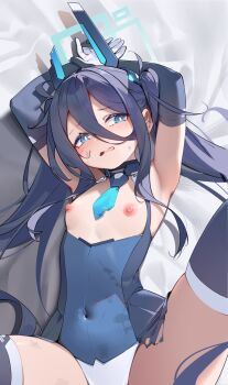 1girl aris_(armed)_(blue_archive) aris_(blue_archive) armpits arms_up black_hair blue_archive blue_eyes blue_necktie breasts covered_navel gloves hair_between_eyes halo highres leotard loli long_hair necktie nipples official_alternate_costume painterliuhao small_breasts solo thighhighs variant_set