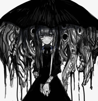 Rule 34 | 1girl, absurdres, arm behind back, black dress, black theme, blue collar, chuhaibane, collar, commentary request, cowboy shot, dot nose, dress, glasses, highres, holding, holding umbrella, long hair, long sleeves, looking at viewer, melting, monochrome, neck ribbon, no pupils, original, parted bangs, ribbon, sidelocks, simple background, smile, solo, spot color, tentacles, umbrella, white background