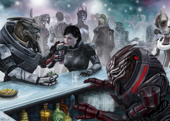alcohol asari_(mass_effect) bar benezia_(mass_effect) commander_shepard commander_shepard_(female) david_anderson deviantart garrus_vakarian legion_(mass_effect) mass_effect_(series) mordin_solus nihlus_kryik saren_arterius thane_krios