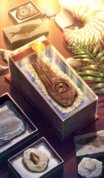 box chocolate commentary dinosaur fate/grand_order fate_(series) fish_skeleton food food_art food_focus fossil ichthyosaur in_box in_container leaf mollusc_shell no_humans official_art oosawa_tomokazu scallop seashell shell still_life third-party_source