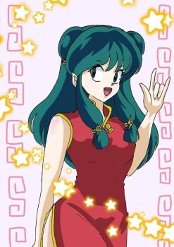 1girl chinese_clothes double_bun green_hair hair_bun long_hair lum ranma_1/2 shampoo_(ranma_1/2) sidelocks simple_background urusei_yatsura