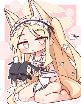 1girl animal_ear_fluff animal_ears apron barefoot bird black_hairband black_sleeves blonde_hair blue_archive blush border bow bright_pupils closed_mouth collarbone commentary_request detached_sleeves fox_ears fox_girl fox_tail frilled_hairband frills full_body hair_bow hairband halo hana_kazari highres long-tailed_tit long_hair long_sleeves looking_at_viewer naked_apron one_side_up outside_border parted_bangs pink_background seia_(blue_archive) sitting sleeves_past_fingers sleeves_past_wrists smile solo tail tit_(bird) very_long_hair white_apron white_border white_bow white_pupils yellow_eyes yellow_halo