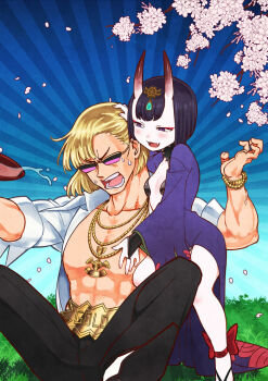 Rule 34 | 1boy, 1girl, abs, black hair, black pants, blonde hair, blush, bracelet, breasts, commentary request, cup, eyeliner, fangs, fate/grand order, fate (series), grass, horns, jewelry, makeup, nakashima (middle earth), necklace, oni, outdoors, pale skin, pants, pectoral grab, purple eyes, revealing clothes, sakata kintoki (fate), sakazuki, short hair, shuten douji (fate), skin-covered horns, small breasts, sunglasses